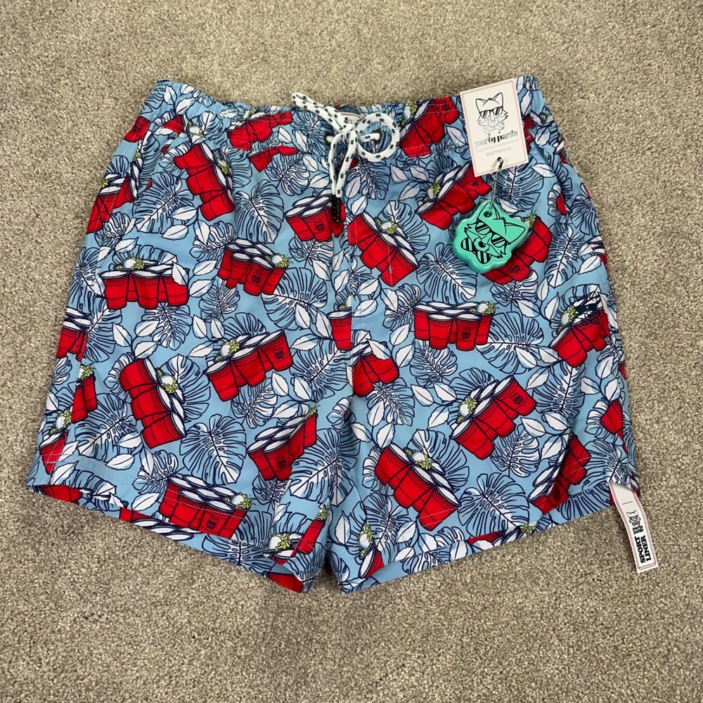 Party Pants Mens Small Swim‎ Trunks Light Blue Red Solo Cup Tropical Beer Pong
